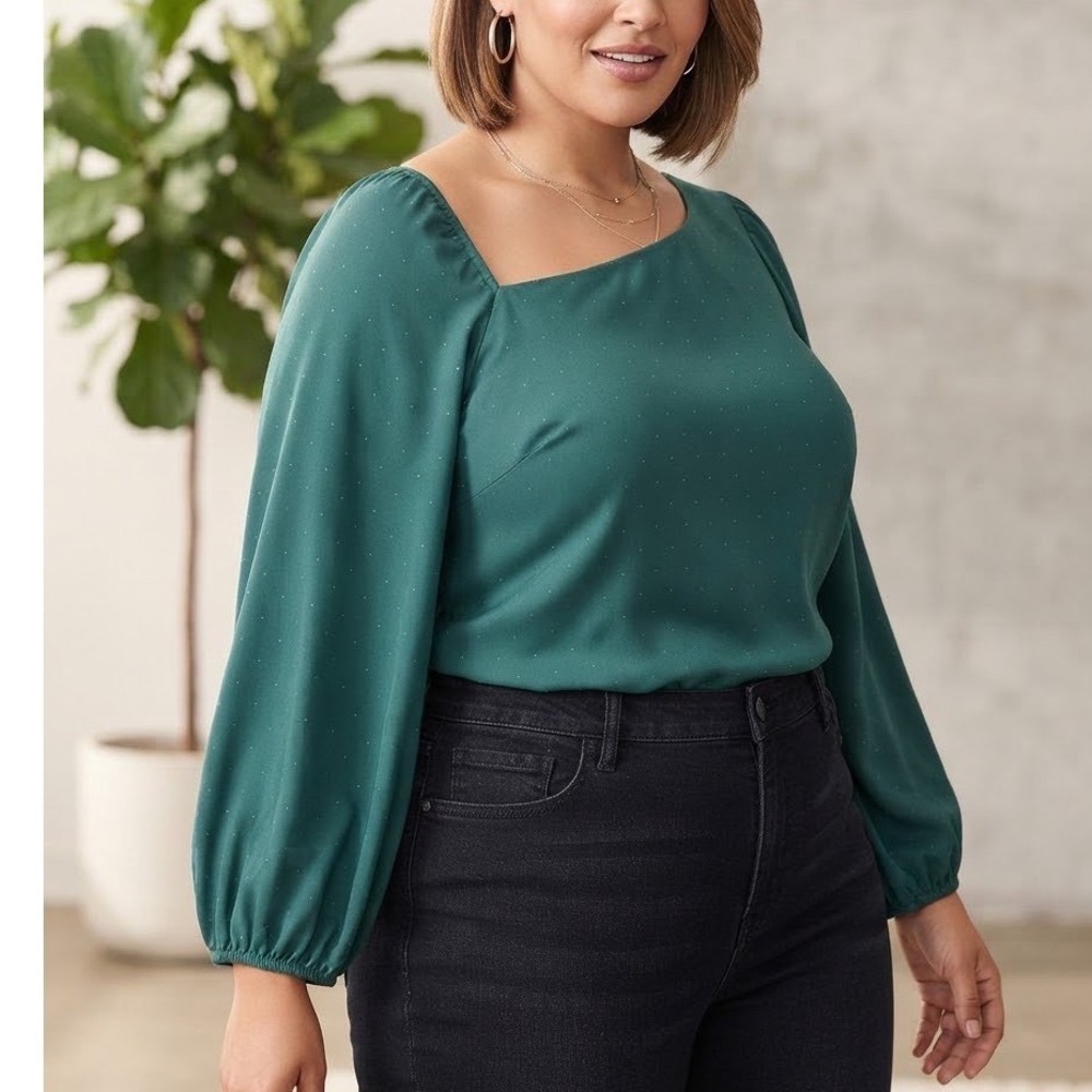 Lane Bryant Dark Green Embellished Asymmetrical Neck Long Sleeve Blouse 22